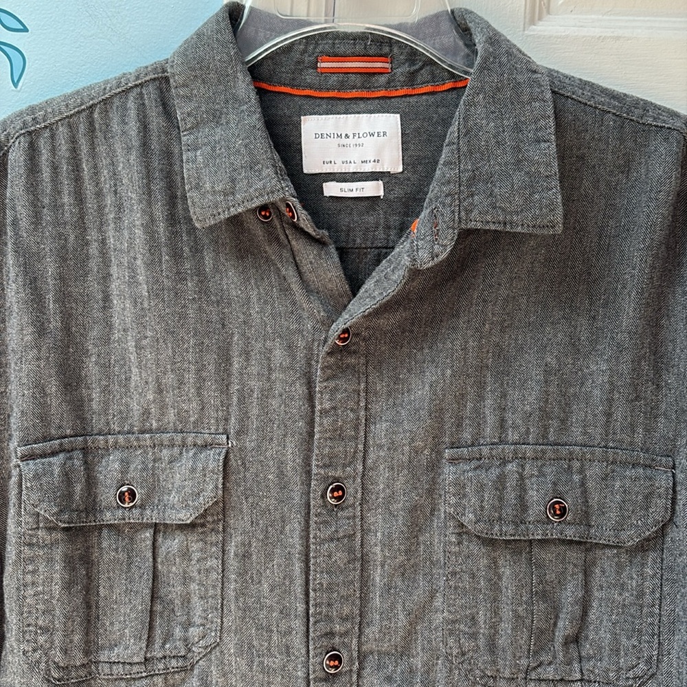Denim & Flower Slim Fit Men's Herringbone Pattern Gray Button-Up Shirt Men's L !